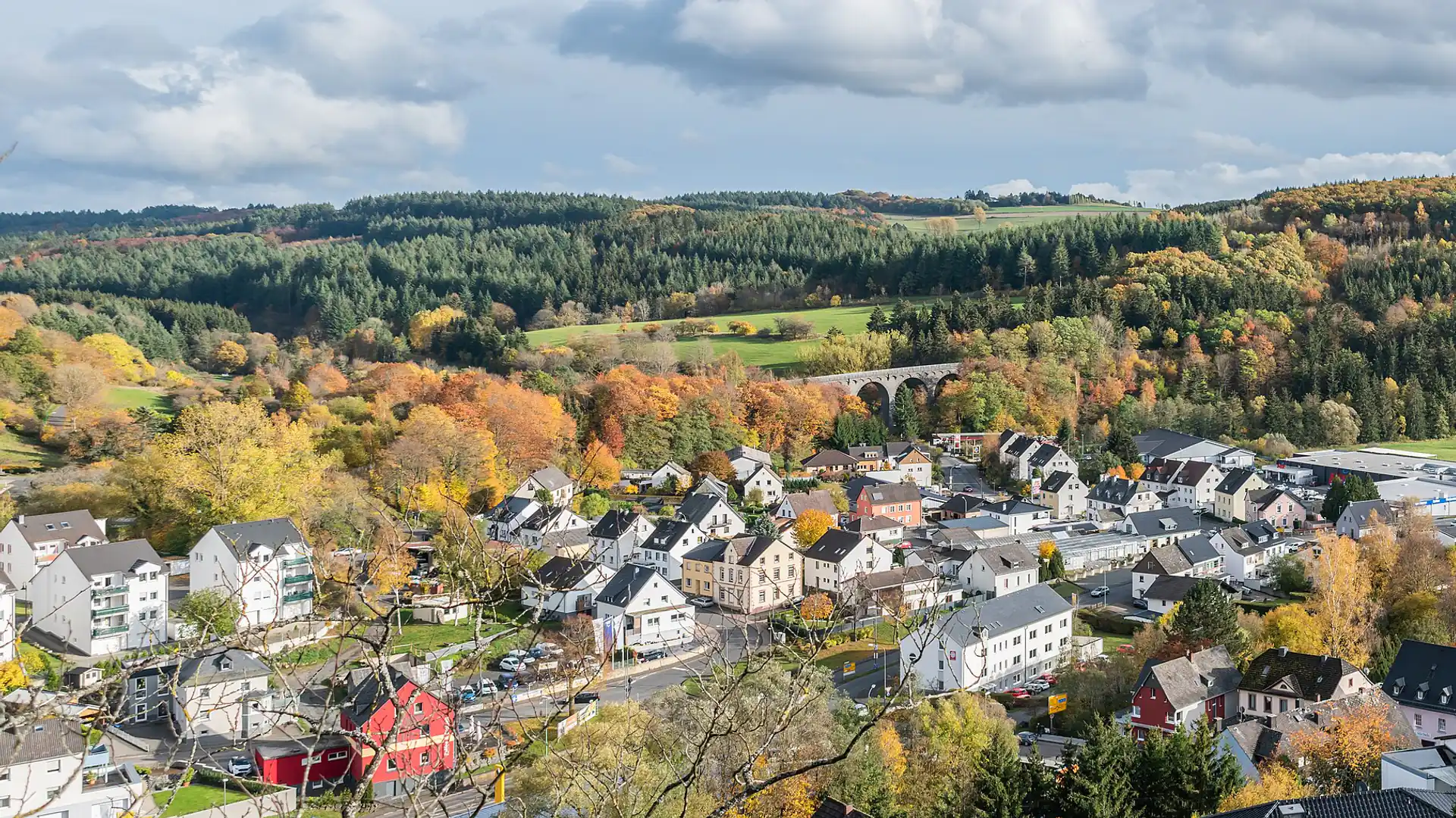 Blick über Daun und die bewaldeten Höhen der Vulkaneifel