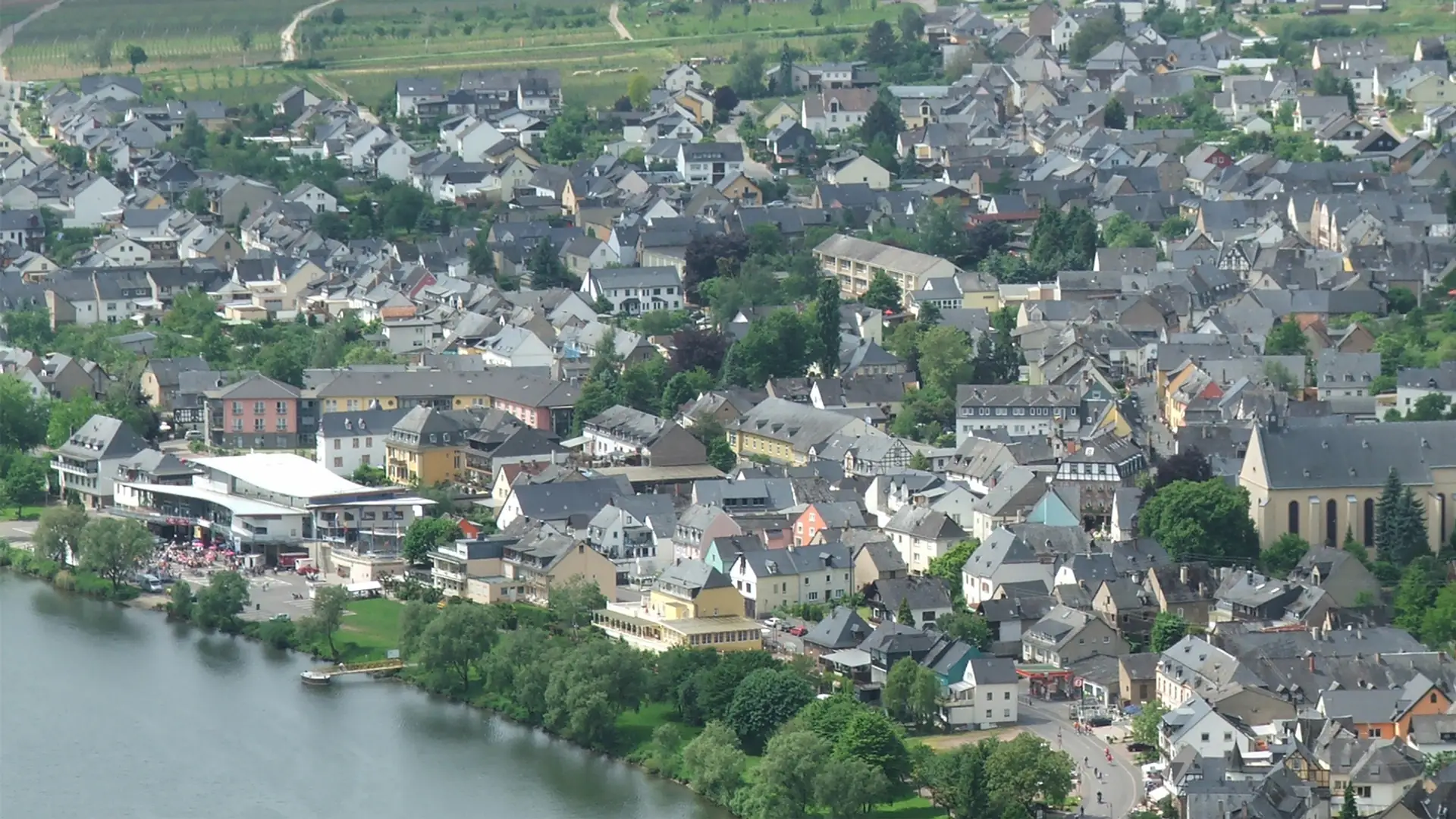 Blick auf Kröv, die Mosel und die umliegenden Weinberge