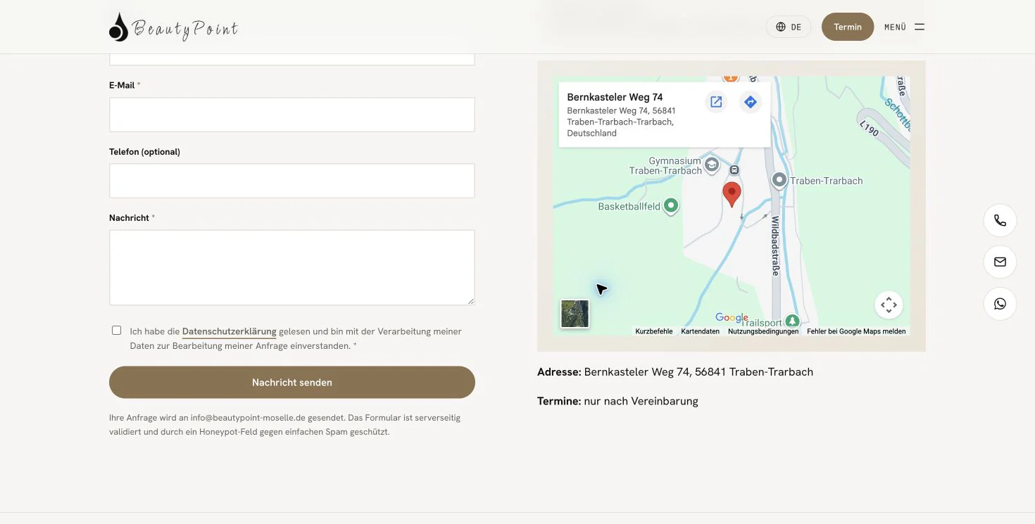 Kontaktbereich der BeautyPoint Moselle Website