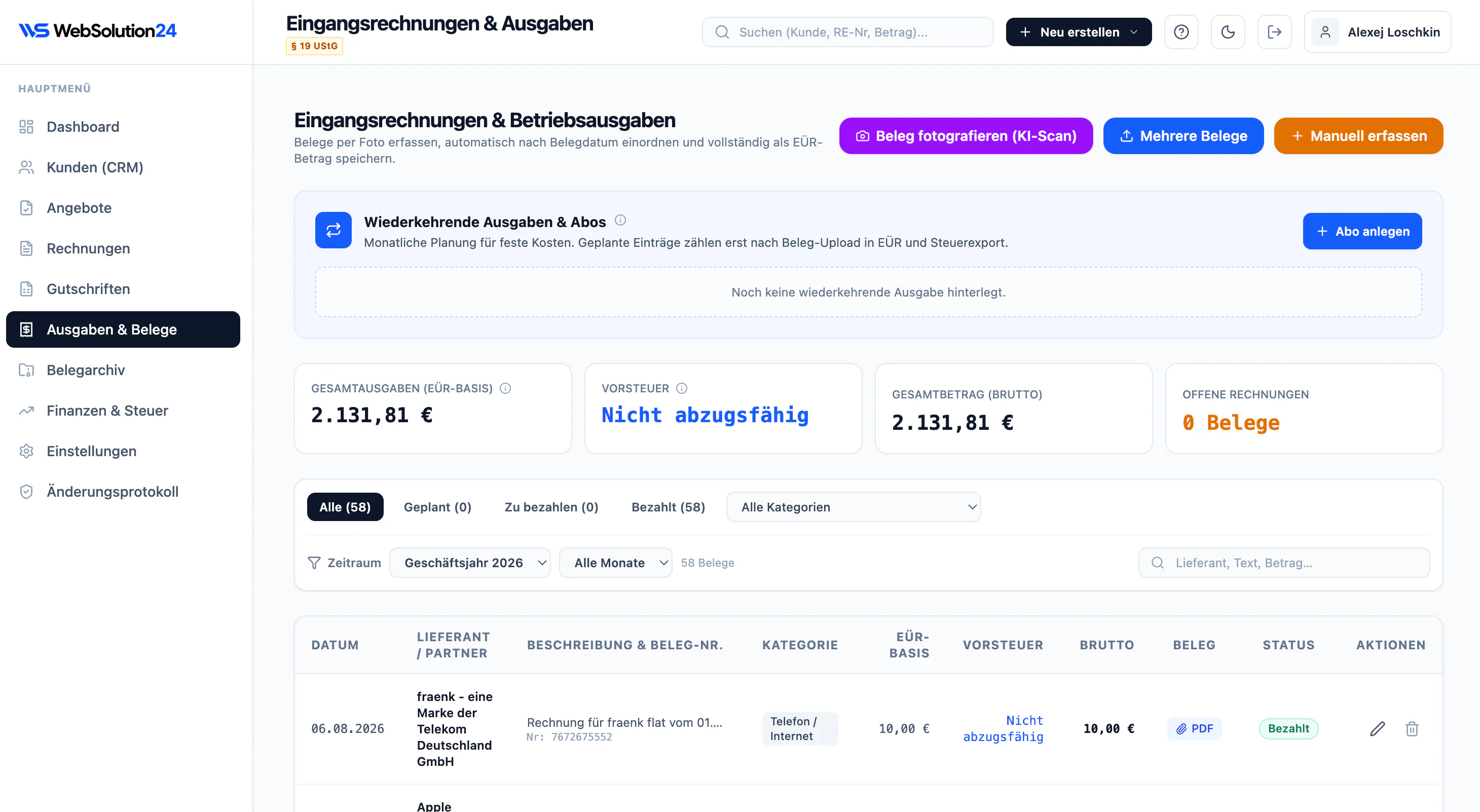 Echte Oberfläche der WebSolution24 Business Suite für Ausgaben und Belege