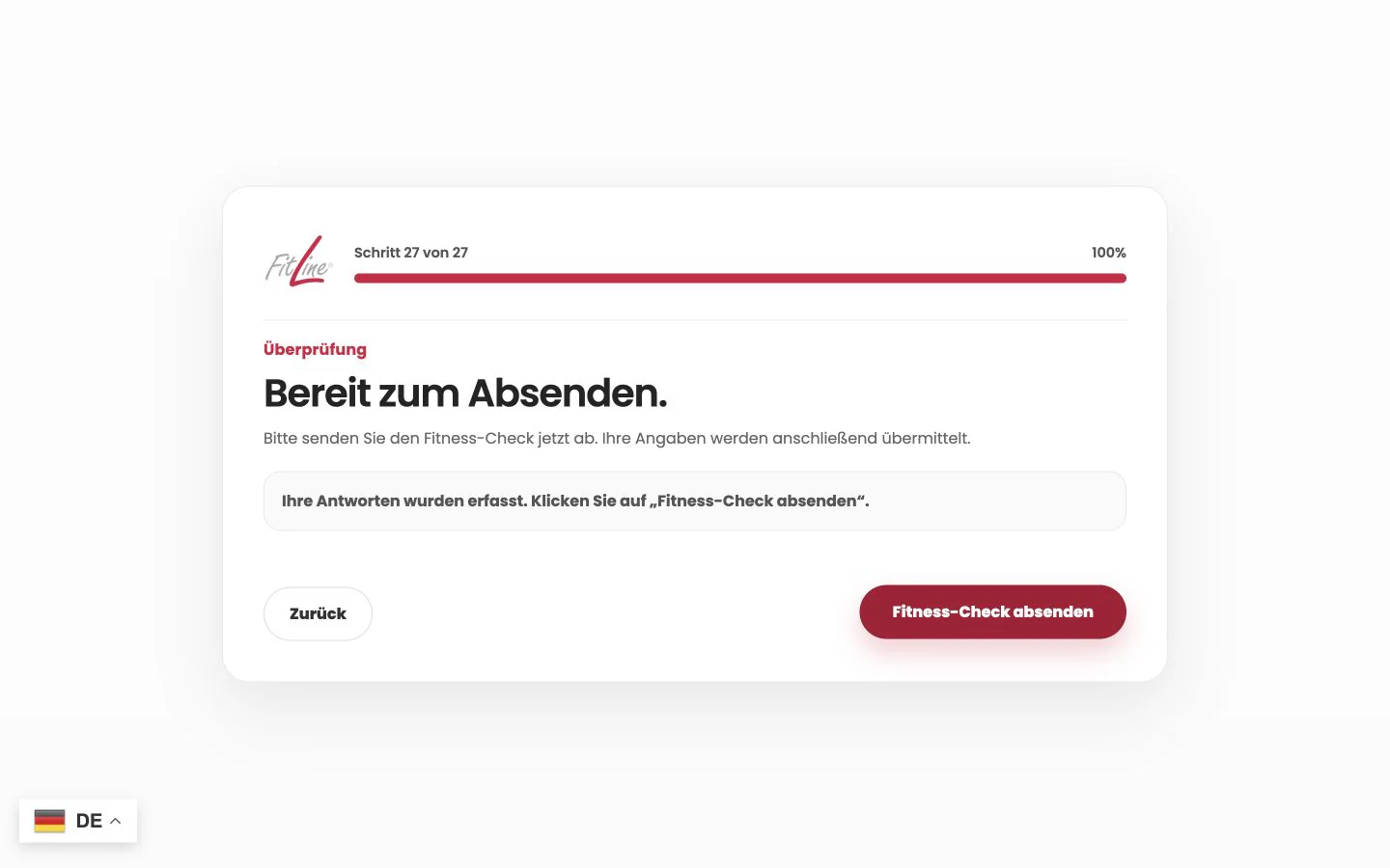 Abschlussseite des FitLine VitalChecks mit persönlicher Auswertung