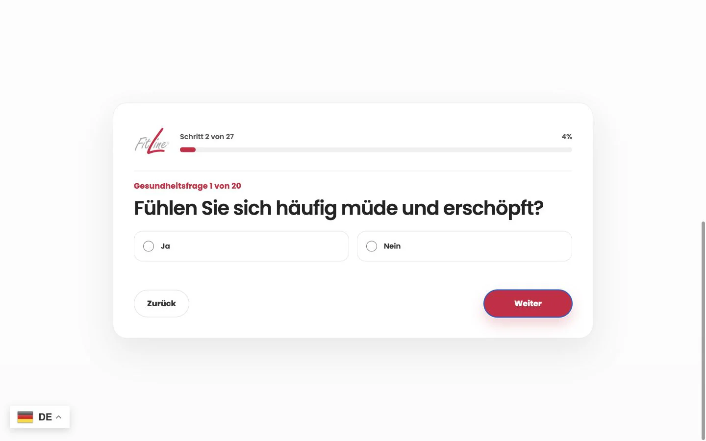 Frageansicht des FitLine VitalChecks mit Fortschrittsanzeige und Gesundheitsfragen