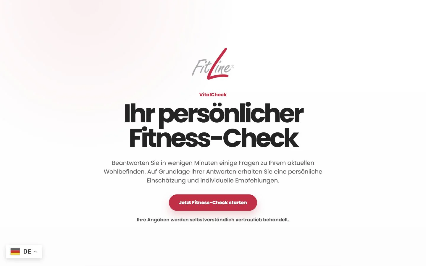 Startseite des FitLine VitalChecks mit der Schaltfläche Fitness-Check starten