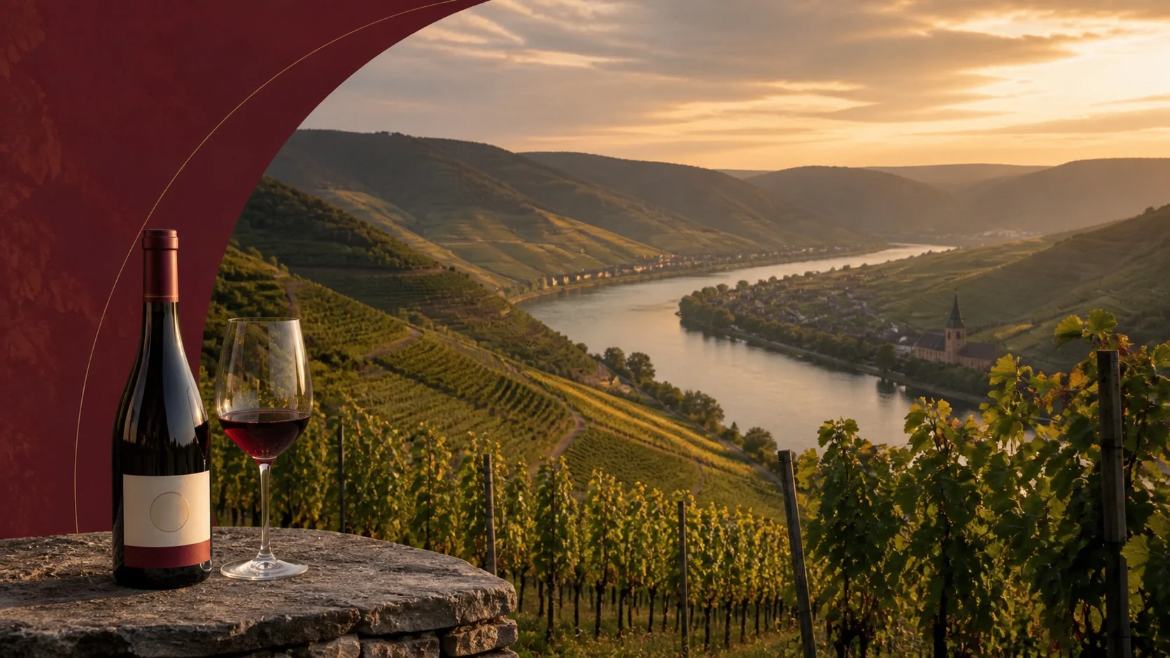Menschenfreies Weingut-Beth-Motiv mit Mosellandschaft, Weinflasche und Glas