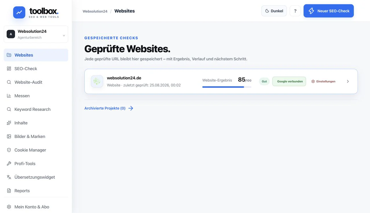 Echte Oberfläche der WebSolution24 Toolbox