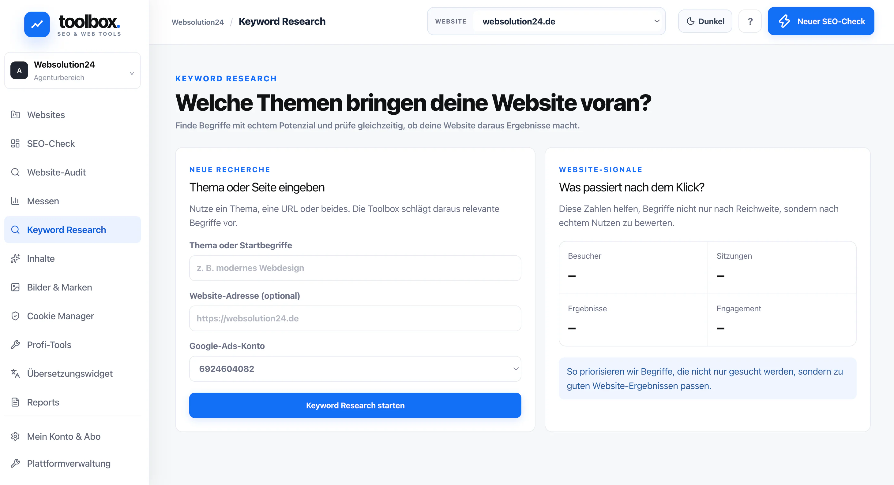 Keyword Research in der WebSolution24 Toolbox mit Rechercheformular und Website-Signalen
