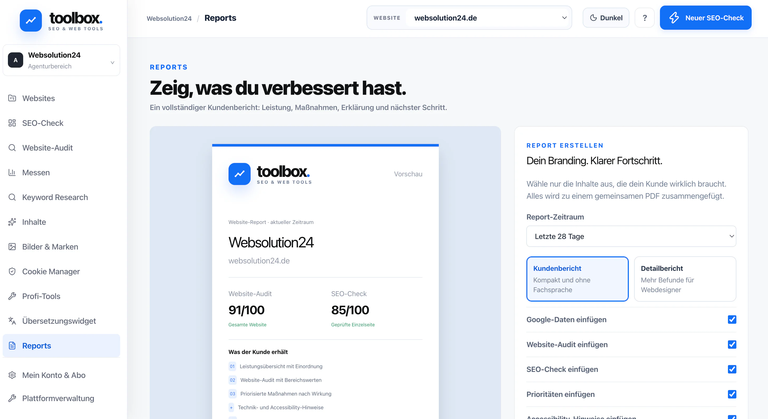 Report-Erstellung in der WebSolution24 Toolbox mit Vorschau und auswählbaren Inhalten