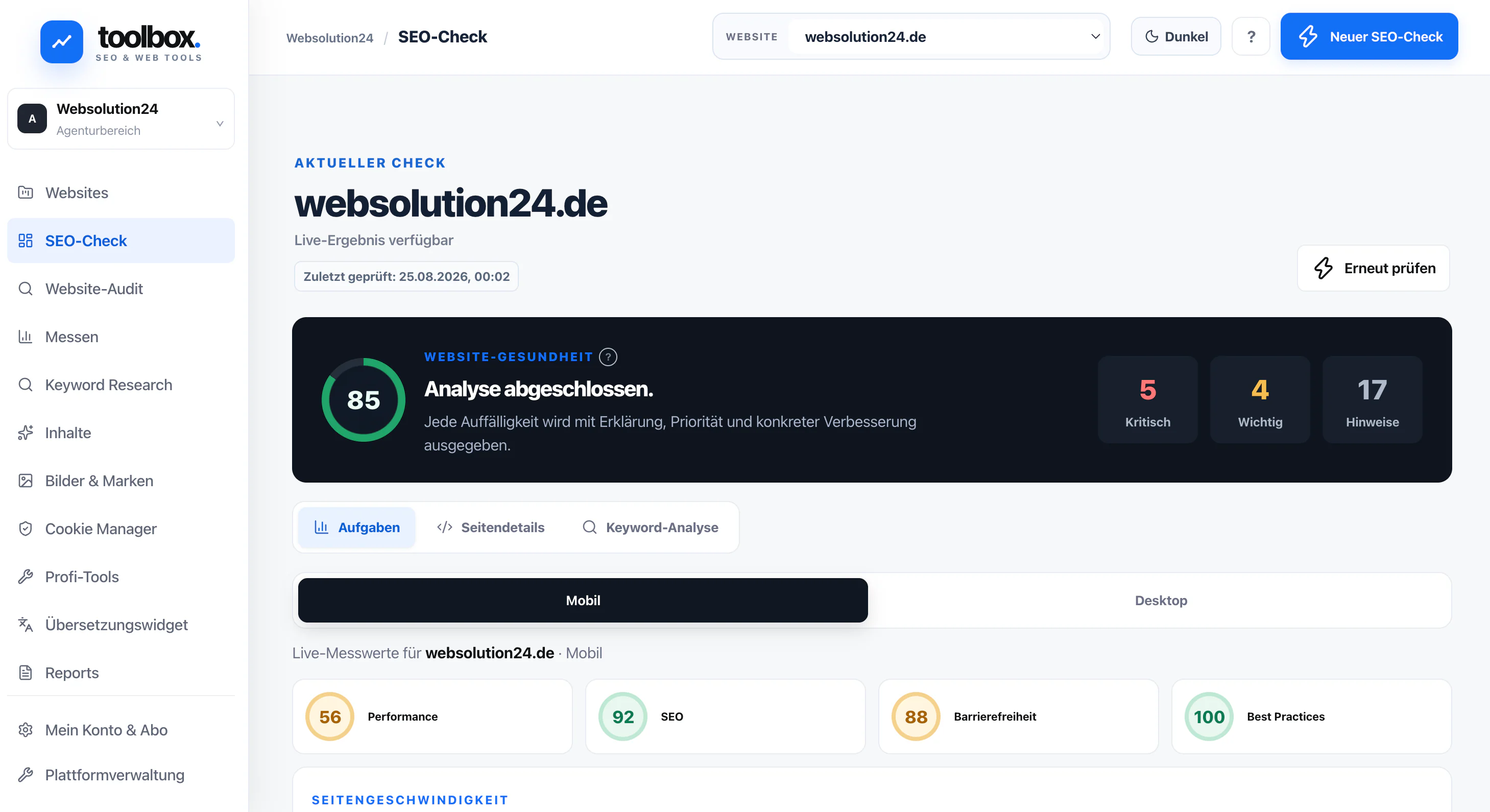 SEO-Check in der WebSolution24 Toolbox mit Website-Gesundheit, Aufgaben und Messwerten