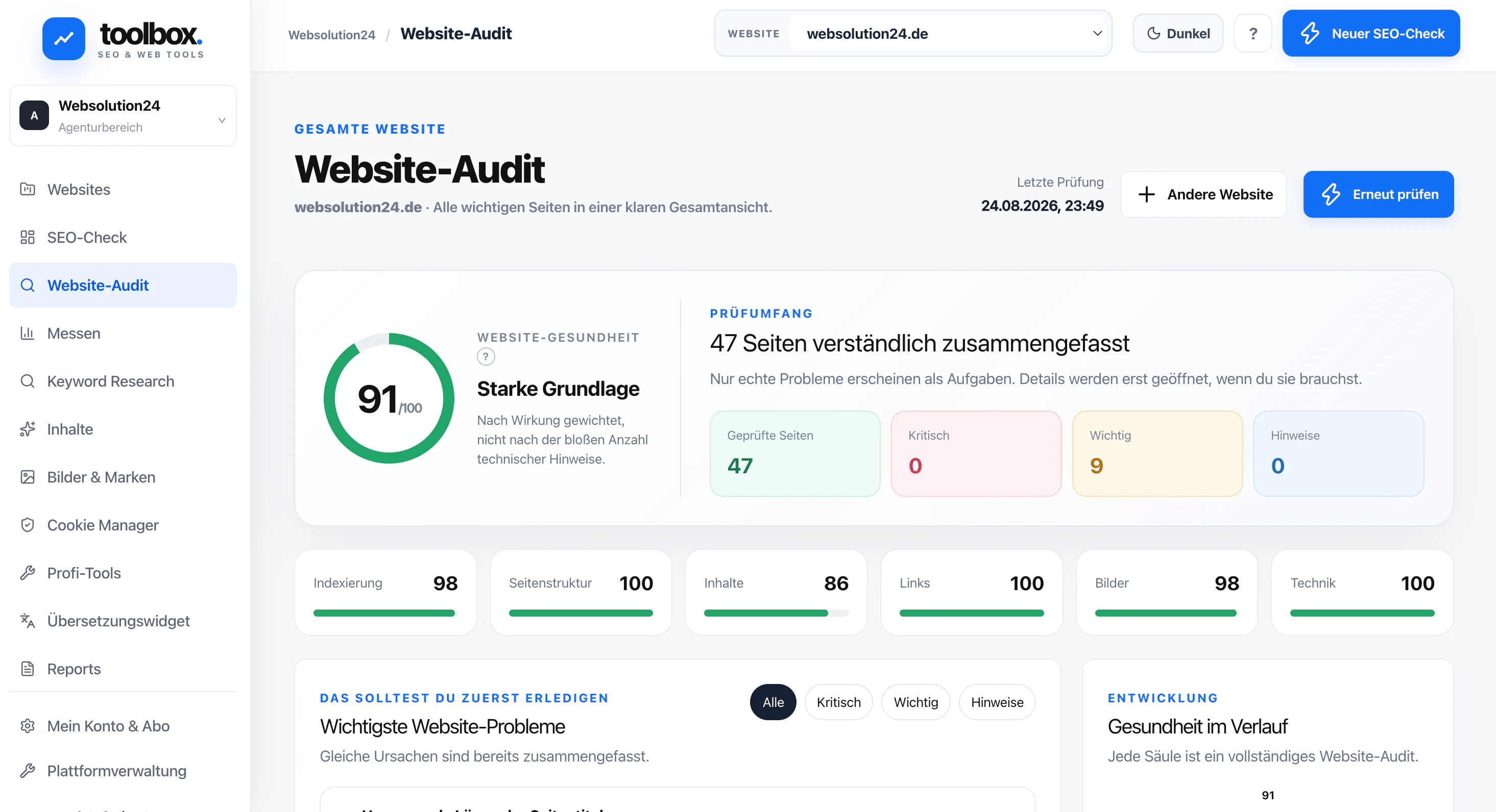 Website-Audit in der WebSolution24 Toolbox mit Gesamtwert und Prüfbereichen